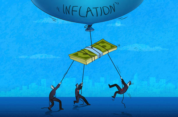 Money is flying away by the inflation bubble and employees trying to prevent it. (Used clipping mask)
